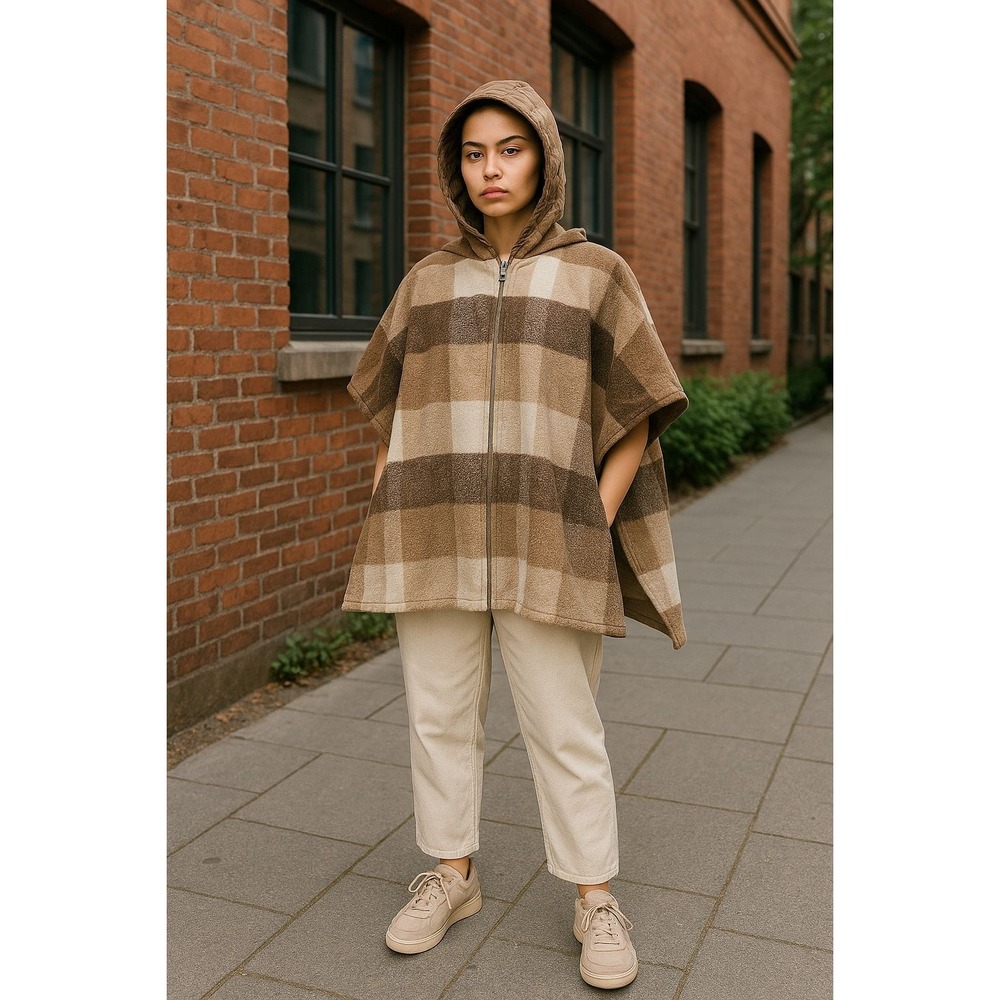 Hooded Plaid Poncho Cape Shawl Blanket‎ Coat Jacket Womens Neutral